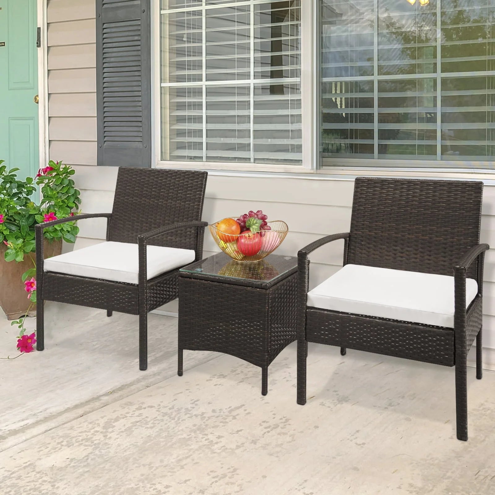 Zimtown 3 Pieces Patio Wicker Furniture, Outdoor Rattan Chat Set with Glass Table and Wicker Chairs, Brown Gradient