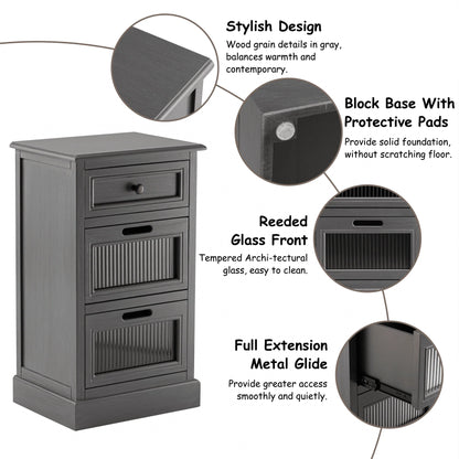 COZAYH Mid Century Modern Nightstand, Fully Assembled Nightstand with 3 Reeded Glass Front Drawers, Distressed Gray Nightstand with Antique Brass Knob and Metal Glide, 27.5” Tall