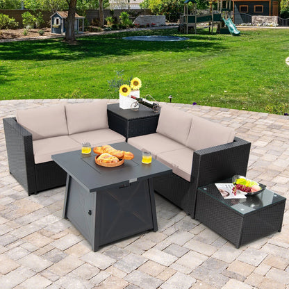 Topbuy 5-Piece Outdoor Patio Furniture Set with 50,000 BTU Propane Fire Pit Table Patio PE Wicker Conversation Set with Cushions Storage Box and Tempered Glass Coffee Table Beige