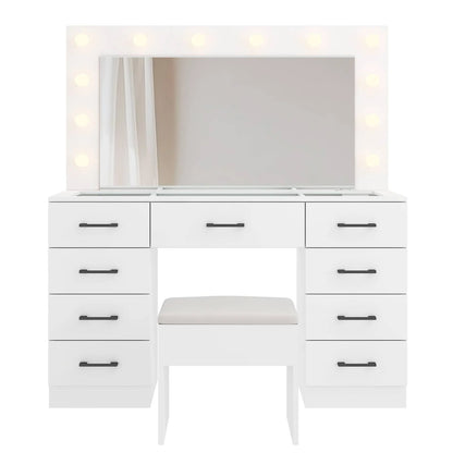 Ktaxon Large Makeup Vanity, Vanity Table Set w/Visible Glass Top w/Charging Station, White