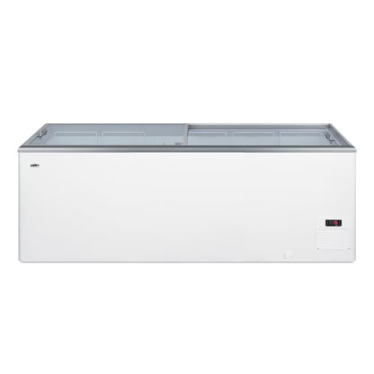 Flat top commercial ice cream freezer with sliding glass lid, digital thermostat, and novelty baskets