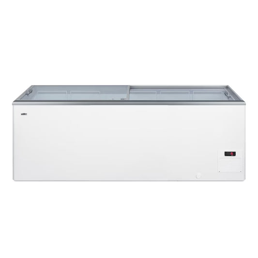 Flat top commercial ice cream freezer with sliding glass lid, digital thermostat, and novelty baskets