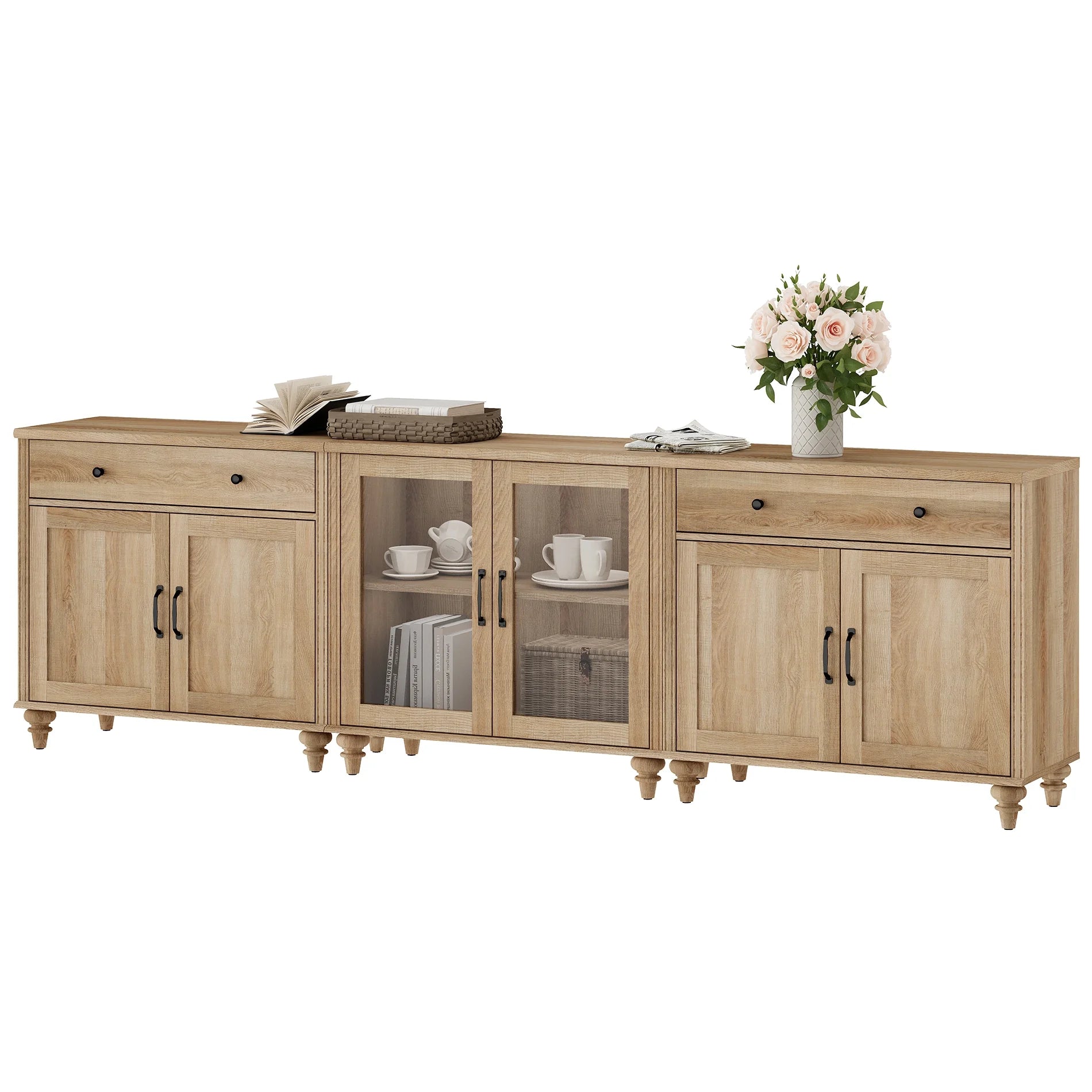 TV Stand for 100 Inch TV, 3-in-1 TV Console Table for 75/80/85/90 Inch TV, Farmhouse Entertainment Center with Glass & Wooden Door, Kitchen Sideboard Buffet Cabinet for Dining Room, Oak