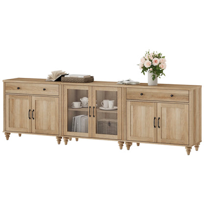 TV Stand for 100 Inch TV, 3-in-1 TV Console Table for 75/80/85/90 Inch TV, Farmhouse Entertainment Center with Glass & Wooden Door, Kitchen Sideboard Buffet Cabinet for Dining Room, Oak