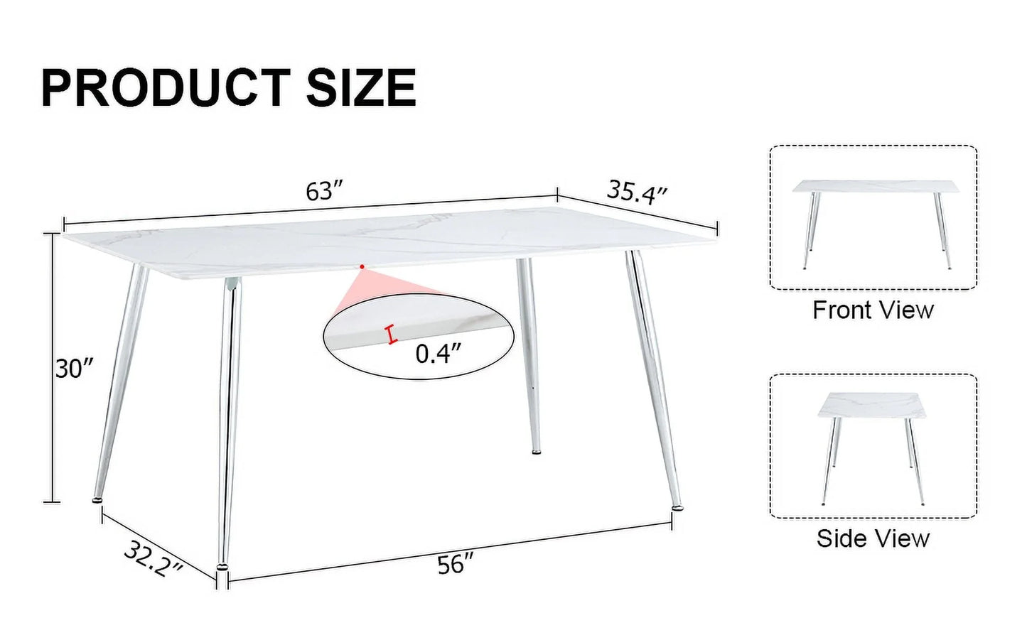 PWOPWOE Modern Minimalist Rectangular Glass Dining Table with 0.4 "White Imitation Marble Glass Sticker Desktop And Silver Metal Legs, suitable for Kitchens, Restaurants, And Living Rooms63"*35.4"*30"