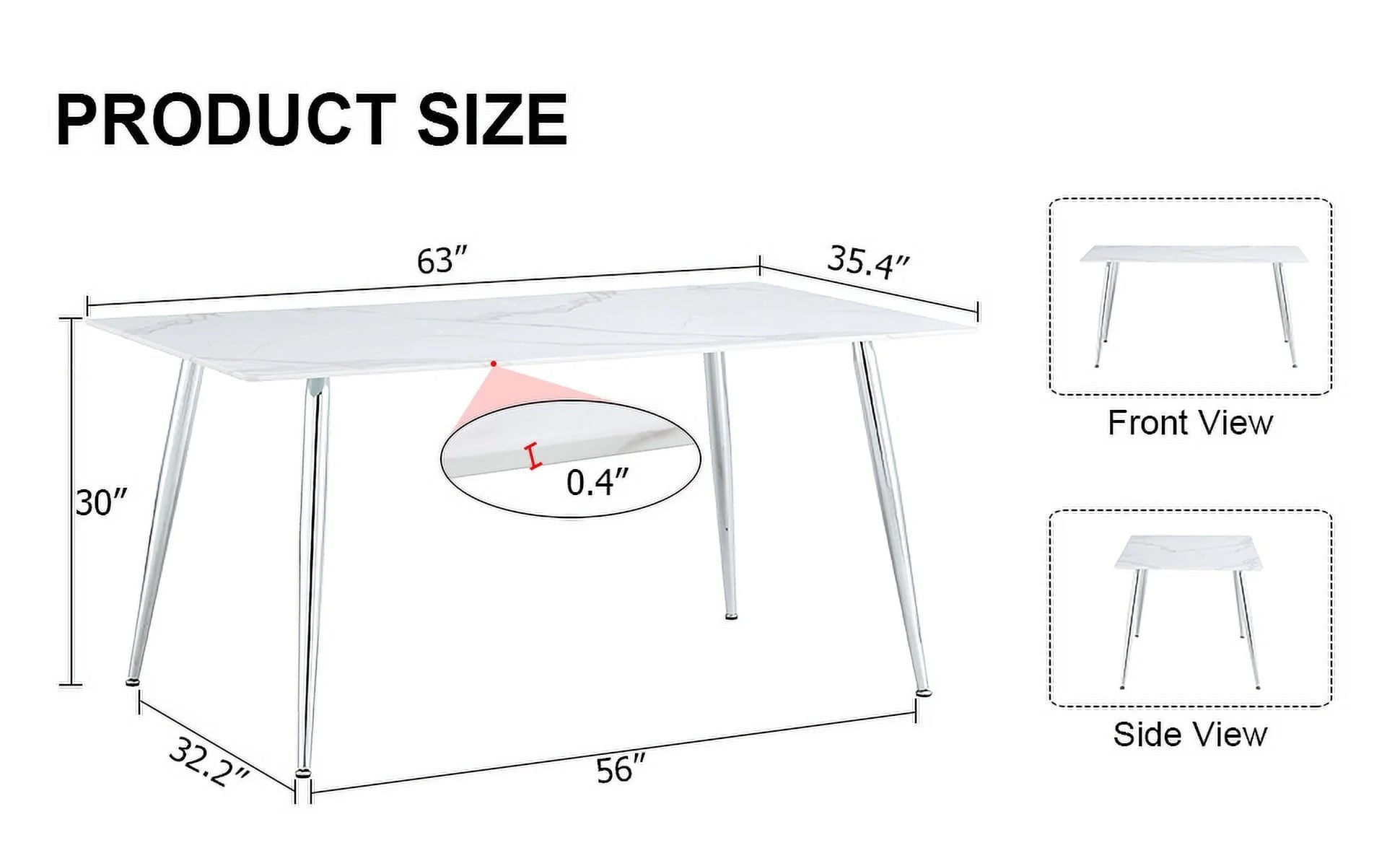 PWOPWOE Modern Minimalist Rectangular Glass Dining Table with 0.4 "White Imitation Marble Glass Sticker Desktop And Silver Metal Legs, suitable for Kitchens, Restaurants, And Living Rooms63"*35.4"*30"