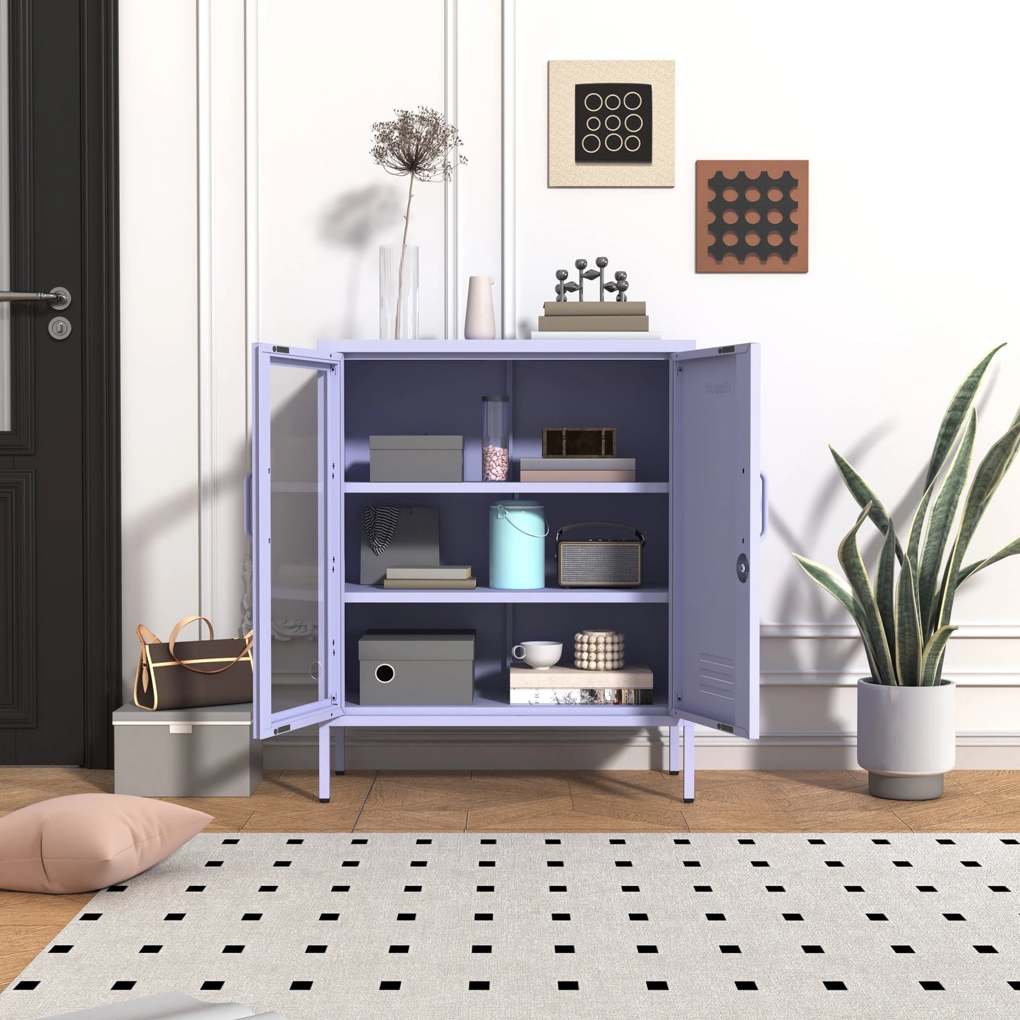 33 Inch Glass And Metal Storage Cabinet Adjustable Shelves 2 Door Lockable Lockers 3 Layer Multipurpose Lockers Laundry Room Or Utility Room Cabinet Home Purple Size 33"H X 29.5"W X 13.8"D
