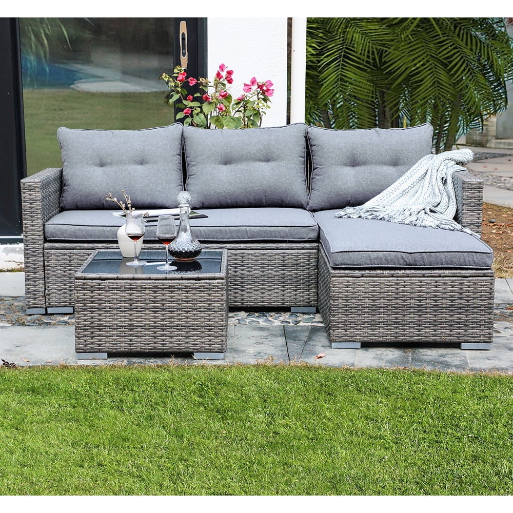 JOIVI 3 Pieces Patio Conversation Set, PE Wicker Rattan Outdoor Furniture Set, 2 Ways Small Sectional Sofa, Tempered Glass Coffee Table, Silver-Gray