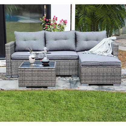 JOIVI 3 Pieces Patio Conversation Set, PE Wicker Rattan Outdoor Furniture Set, 2 Ways Small Sectional Sofa, Tempered Glass Coffee Table, Silver-Gray
