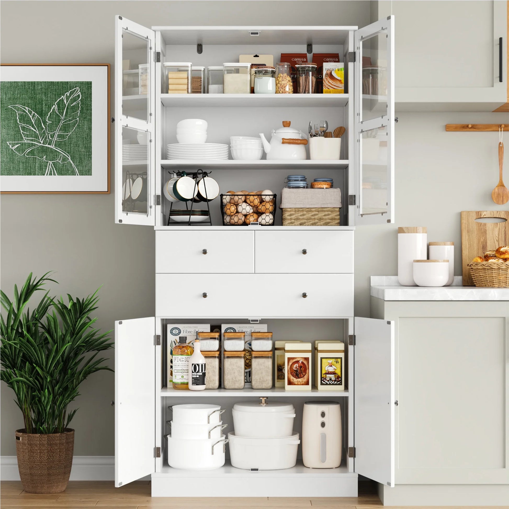 Homfa 71'' Kitchen Pantry with 5-Tier Shelves & 3 Drawers, Floor Cabinet Storage Cupboard With Display Glass Doors for Dining Room, White