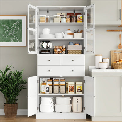 Homfa 71'' Kitchen Pantry with 5-Tier Shelves & 3 Drawers, Floor Cabinet Storage Cupboard With Display Glass Doors for Dining Room, White
