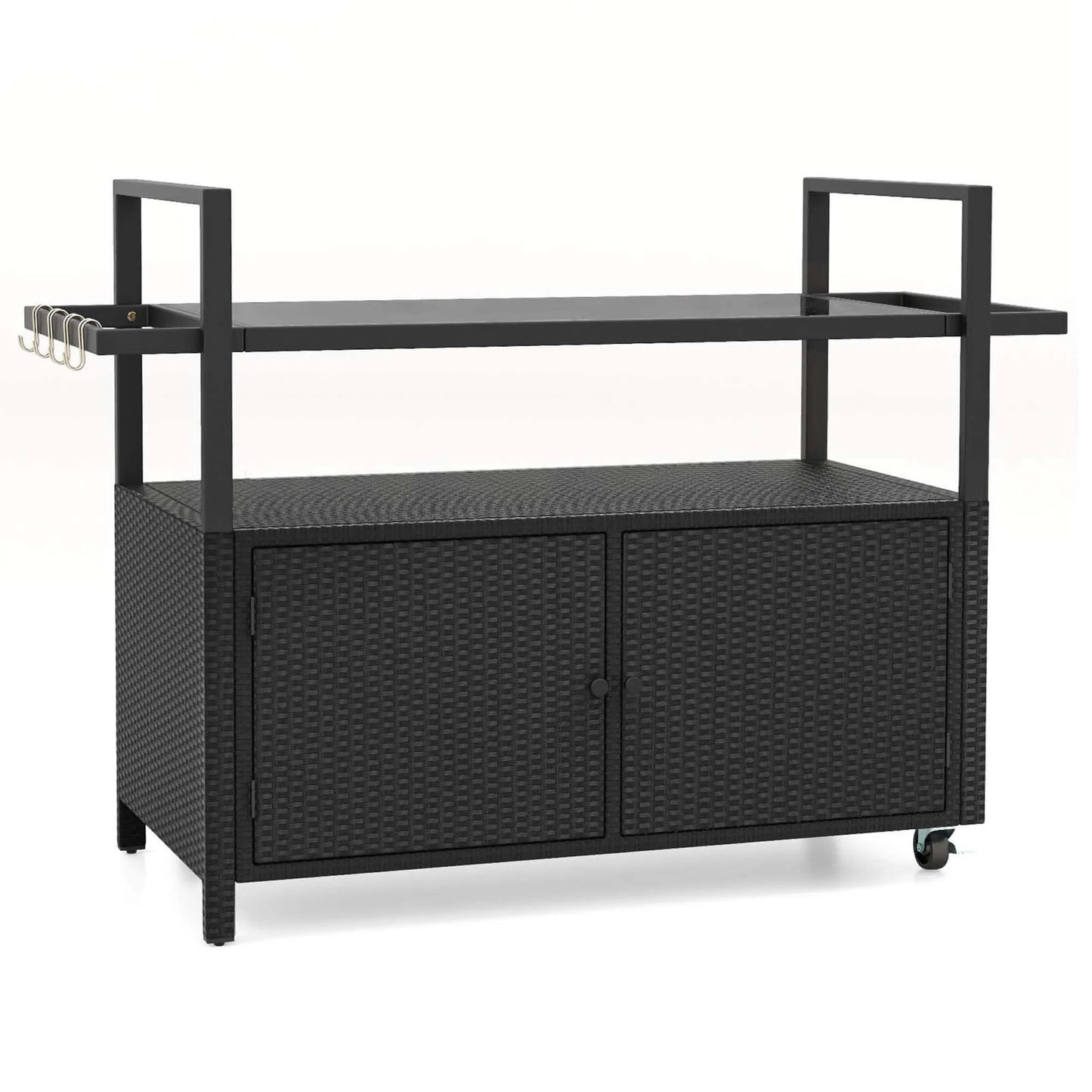 Costway Outdoor Bar Cart with Tempered Glass Top Storage Cabinet & 8 Hooks for Porch