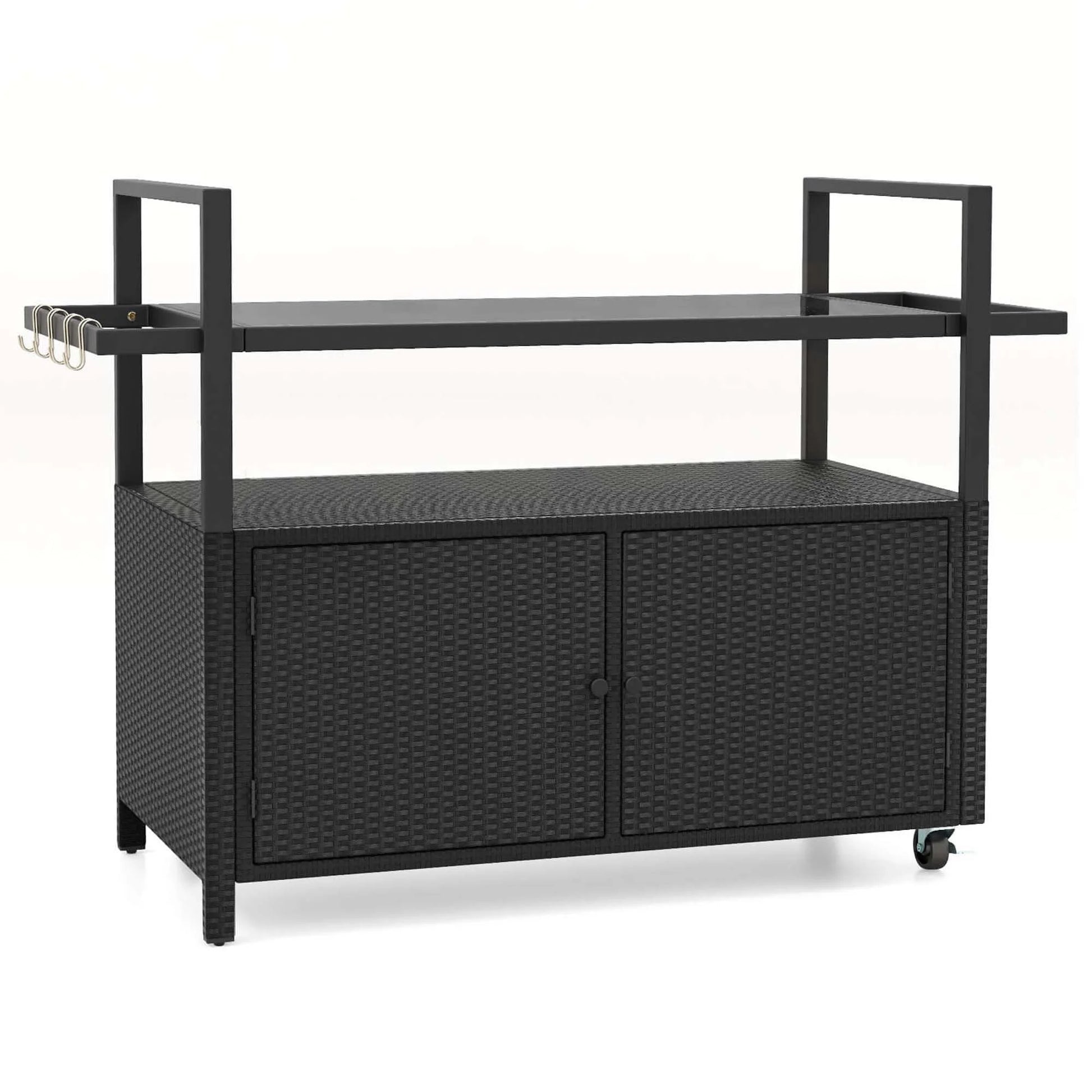 Costway Outdoor Bar Cart with Tempered Glass Top Storage Cabinet & 8 Hooks for Porch