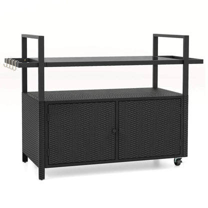 Costway Outdoor Bar Cart with Tempered Glass Top Storage Cabinet & 8 Hooks for Porch