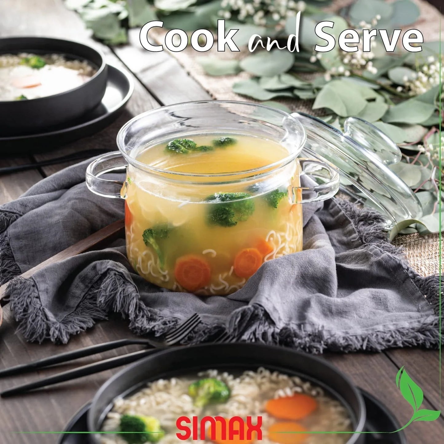 Simax Glassware 1.5 Quart Glass Pot With Lid | Heat Resistant Handles – Doubles as Serving Dish - Made from Oven, Microwave, Stove and Dishwasher Safe Borosilicate Glass – Small Glass Pot