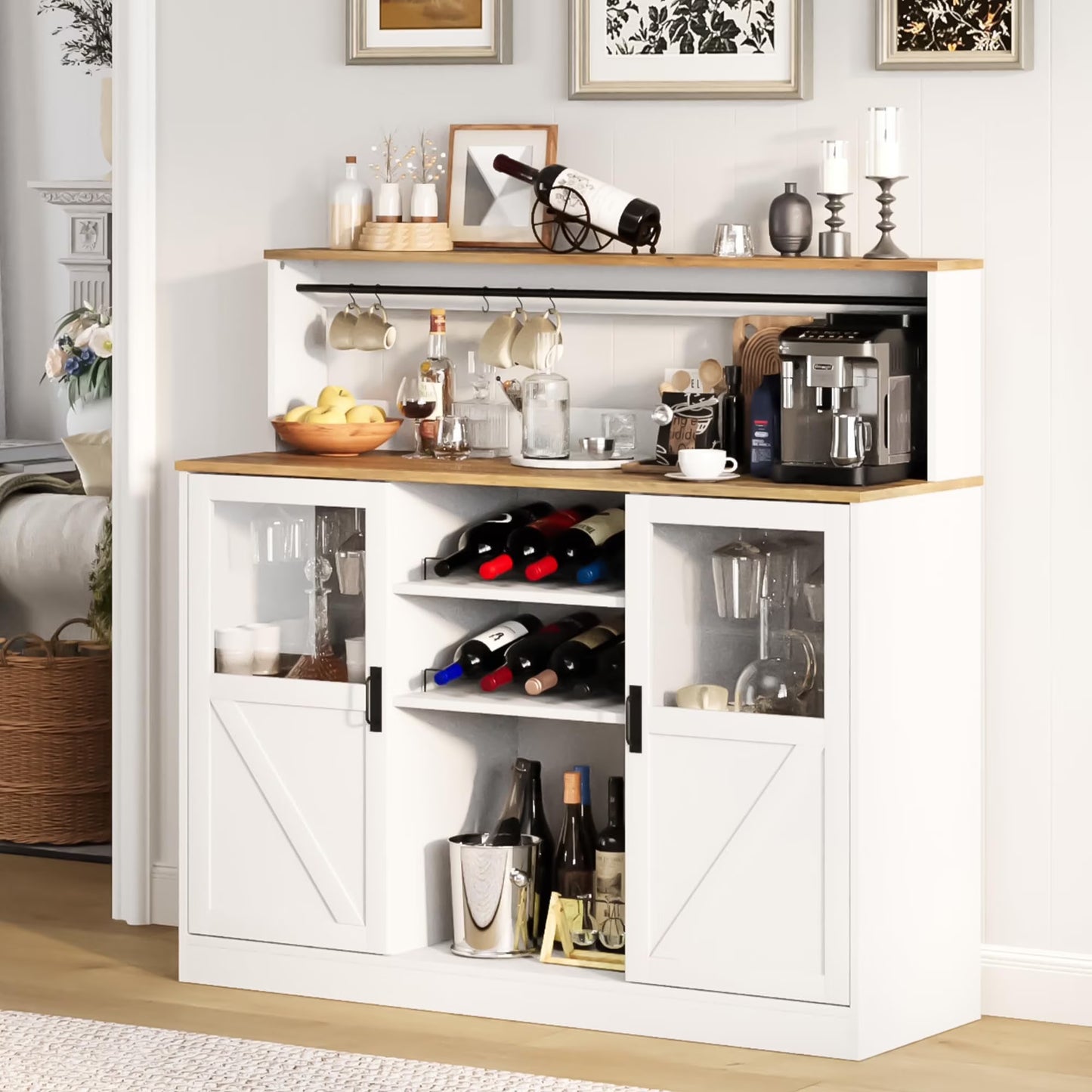 Vividwood Buffet Cabinet with Storage, 47'' Farmhouse Coffee Bar Cabinet with Wine Rack and Glass Goblet Holder, Bar Station Wood Kitchen Table for Dining Room, Living Room, White/Brown