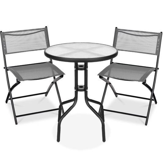 Best Choice Products 3-Piece Patio Bistro Dining Furniture Set w/Glass Tabletop, Folding Chairs - Gray