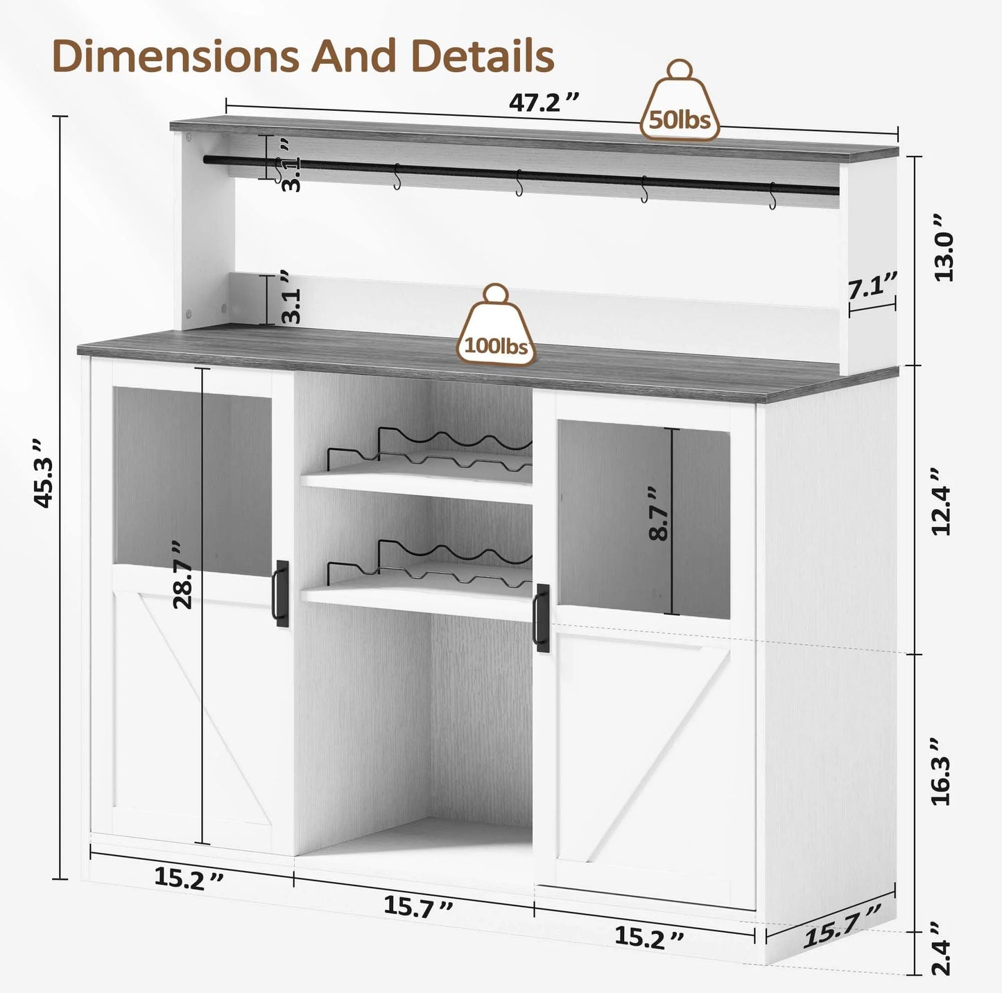 Vividwood Buffet Cabinet with Storage, 47'' Farmhouse Coffee Bar Cabinet with Wine Rack and Glass Goblet Holder, Bar Station Wood Kitchen Table for Dining Room, Living Room, White/Brown