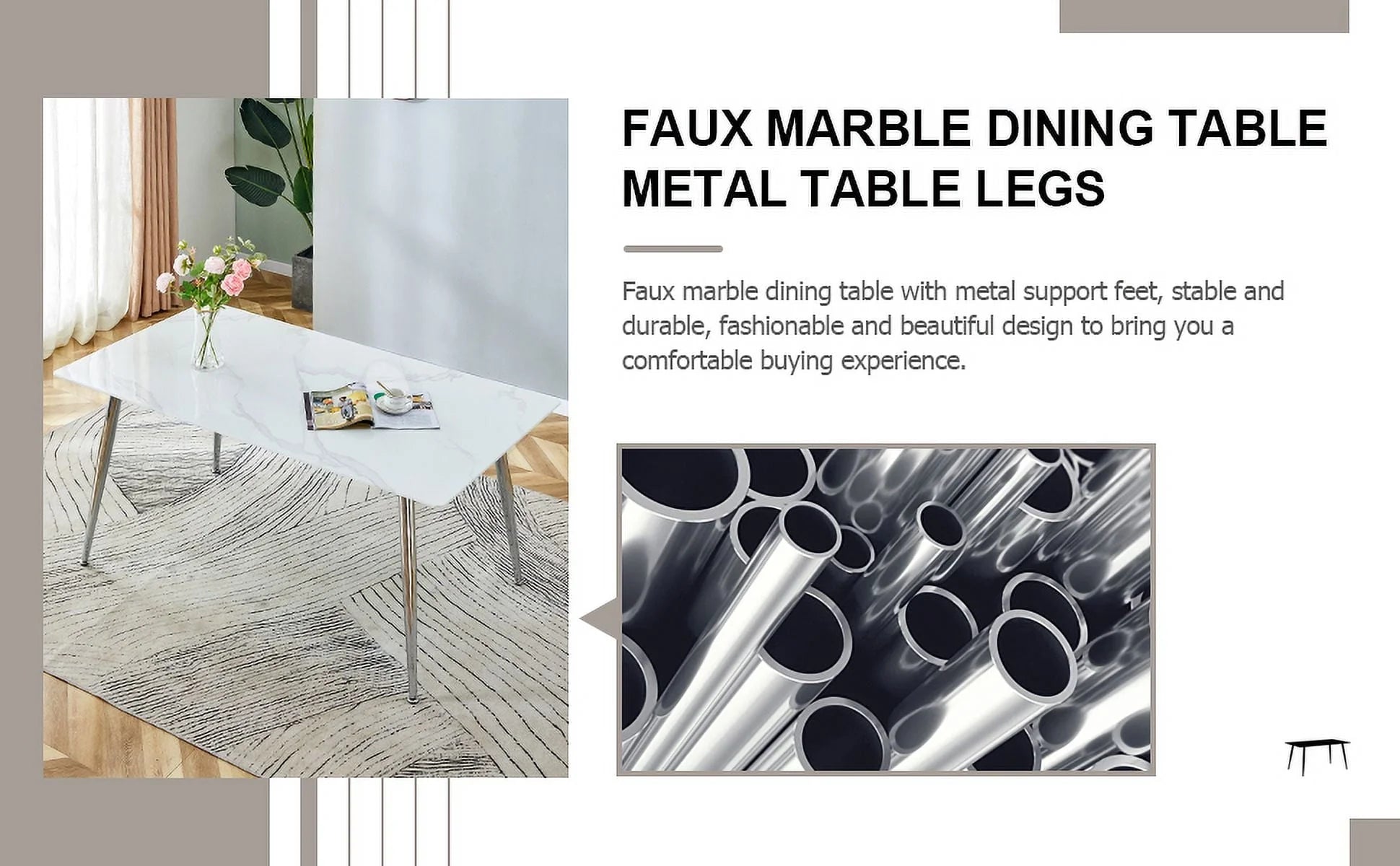 PWOPWOE Modern Minimalist Rectangular Glass Dining Table with 0.4 "White Imitation Marble Glass Sticker Desktop And Silver Metal Legs, suitable for Kitchens, Restaurants, And Living Rooms63"*35.4"*30"