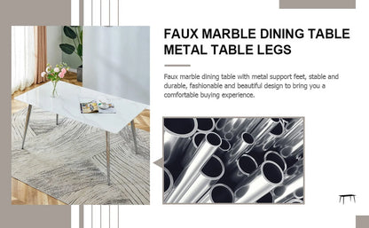 PWOPWOE Modern Minimalist Rectangular Glass Dining Table with 0.4 "White Imitation Marble Glass Sticker Desktop And Silver Metal Legs, suitable for Kitchens, Restaurants, And Living Rooms63"*35.4"*30"