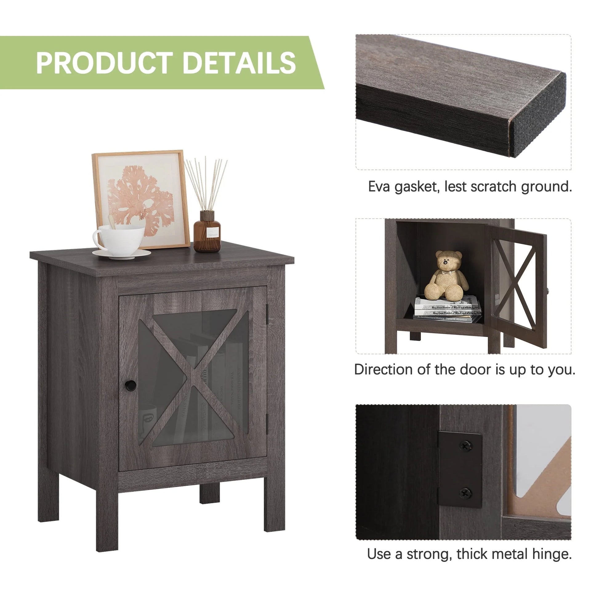 Jaxpety Set of 2 Nightstands Bedside Table W/x-Design Glass Door for Bedroom Living Room, Dark Gray