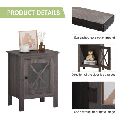 Jaxpety Set of 2 Nightstands Bedside Table W/x-Design Glass Door for Bedroom Living Room, Dark Gray