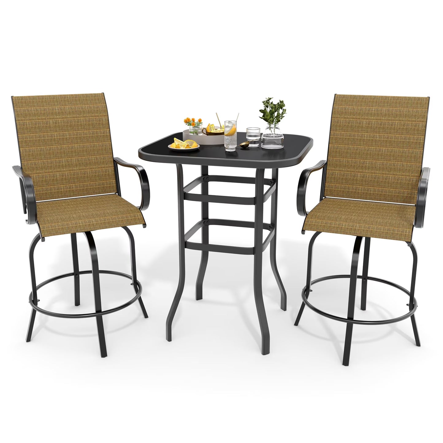 Riedhoff 3-Piece Patio Bar Set with 2 Swivel Chairs & Glass Table,All-Weather,Textile Fabric,Gold