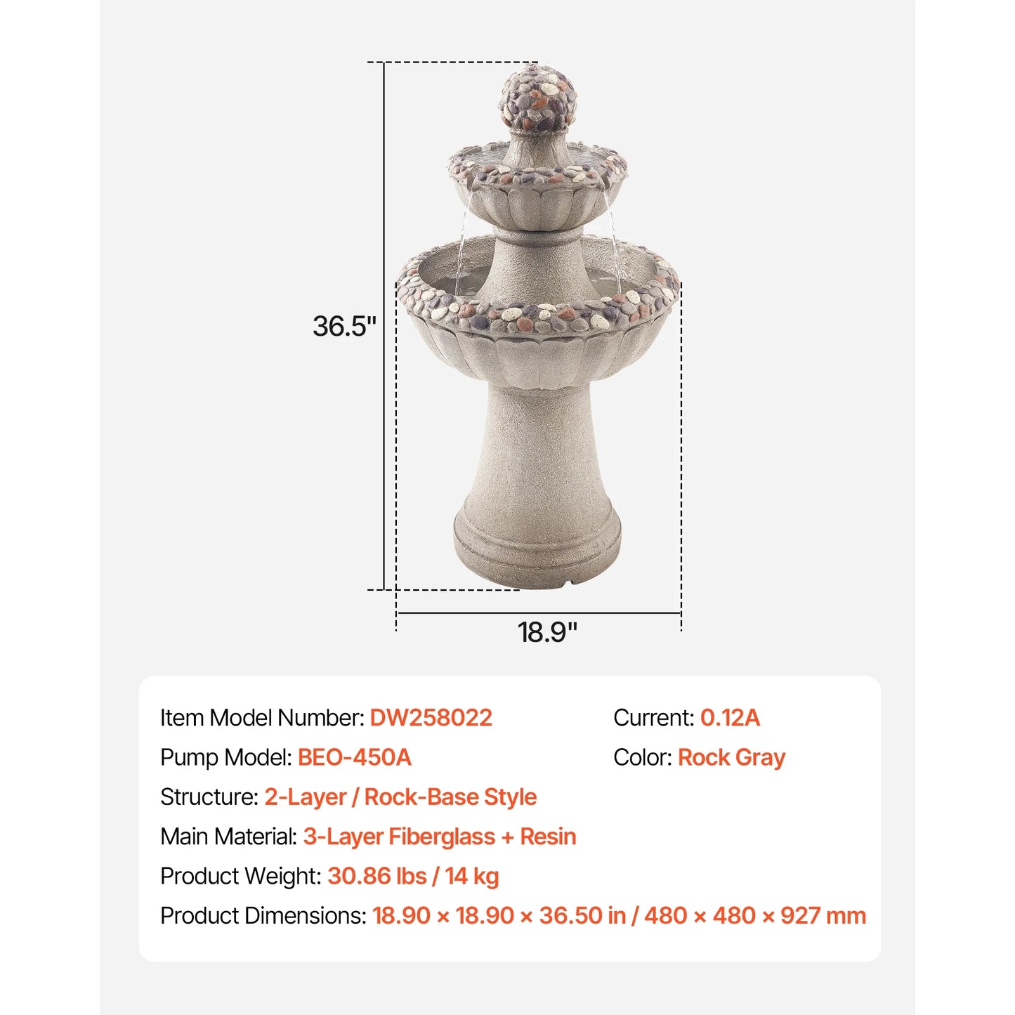 KFFKFF Outdoor Water Fountain, 36.5-Inch Tall 2-Tier Design with Rock-Style Base, Fiberglass and Resin Construction, Includes Pump, Ideal for Garden, Patio, Backyard, or Indoor Spaces