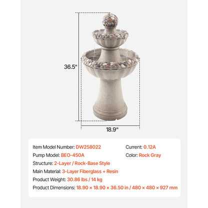 KFFKFF Outdoor Water Fountain, 36.5-Inch Tall 2-Tier Design with Rock-Style Base, Fiberglass and Resin Construction, Includes Pump, Ideal for Garden, Patio, Backyard, or Indoor Spaces
