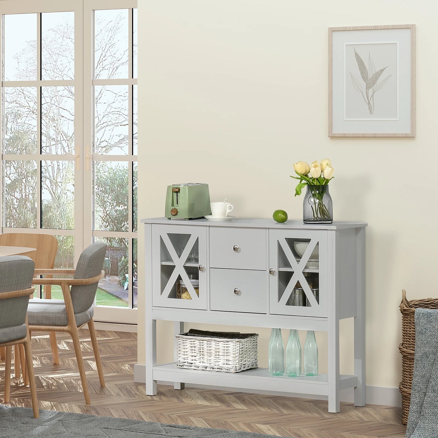 HOMCOM Coffee Bar Cabinet, Sideboard Buffet Cabinet, Kitchen Cabinet with Storage Drawers and Glass Door for Living Room, Entryway, White