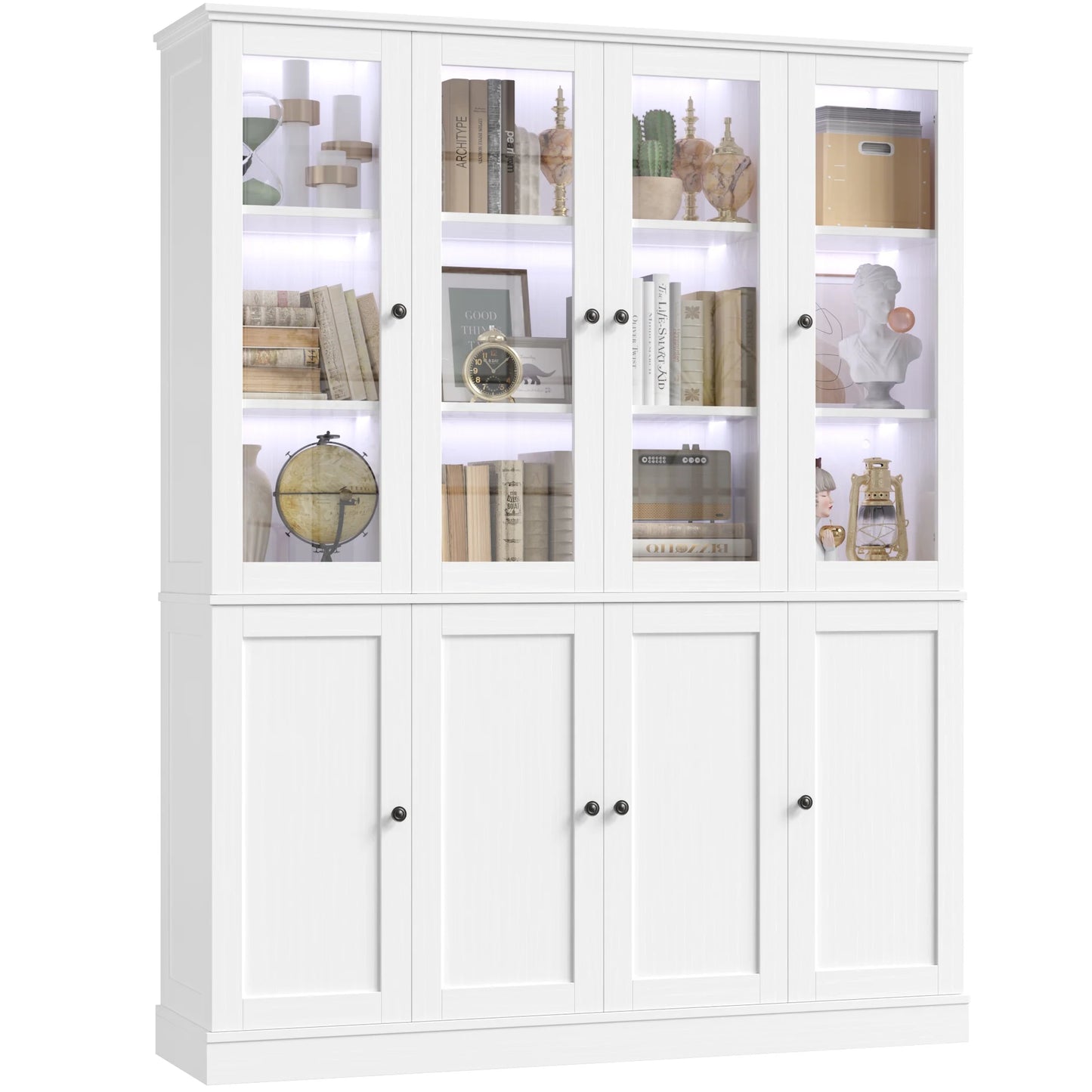 Homfa Kitchen Pantry Cabinet with Glass Doors, 74° Tall Display Cabinets with LED & Adjustable Shelves for Living Room Office, White