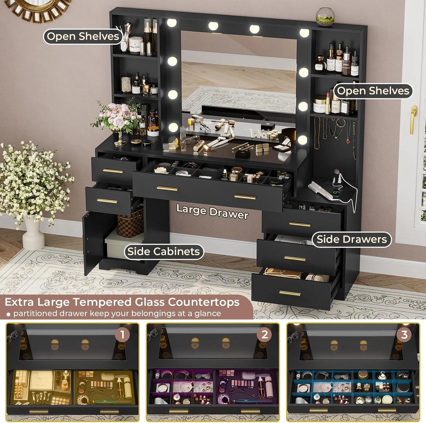 Makeup Vanity Desk with Lighted Mirror & Charging Stations & 6 Drawers Large Vanity Table Bedroom Dressing Table with Glass Tabletop& Side Cabinet& Glass Tabletop, Black