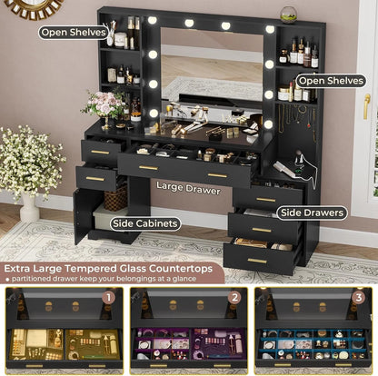 Makeup Vanity Desk with Lighted Mirror & Charging Stations & 6 Drawers Large Vanity Table Bedroom Dressing Table with Glass Tabletop& Side Cabinet& Glass Tabletop, Black