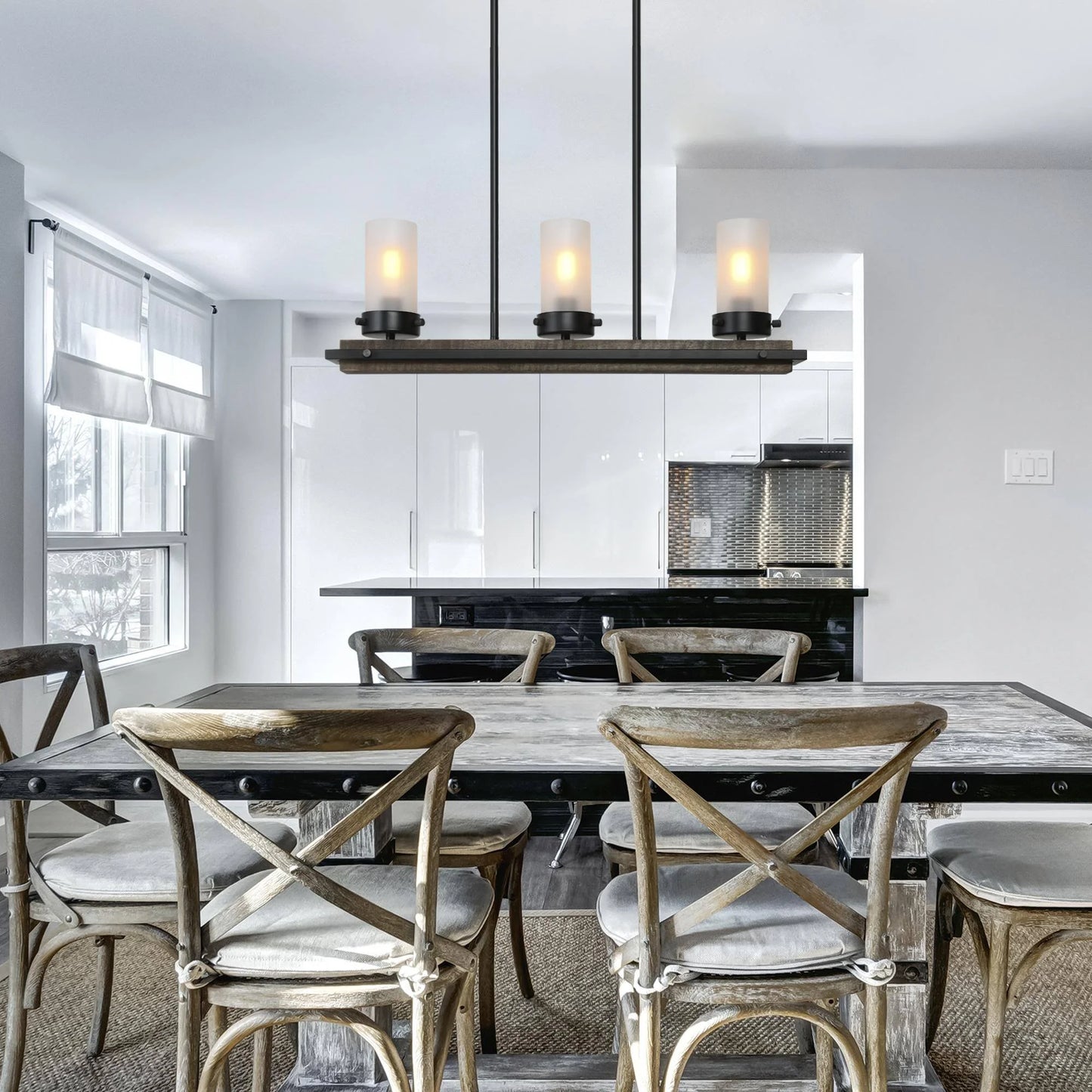 LNC Farmhouse Wood & Black 3-Light Linear Chandelier with Frosted Glass, Adjustable