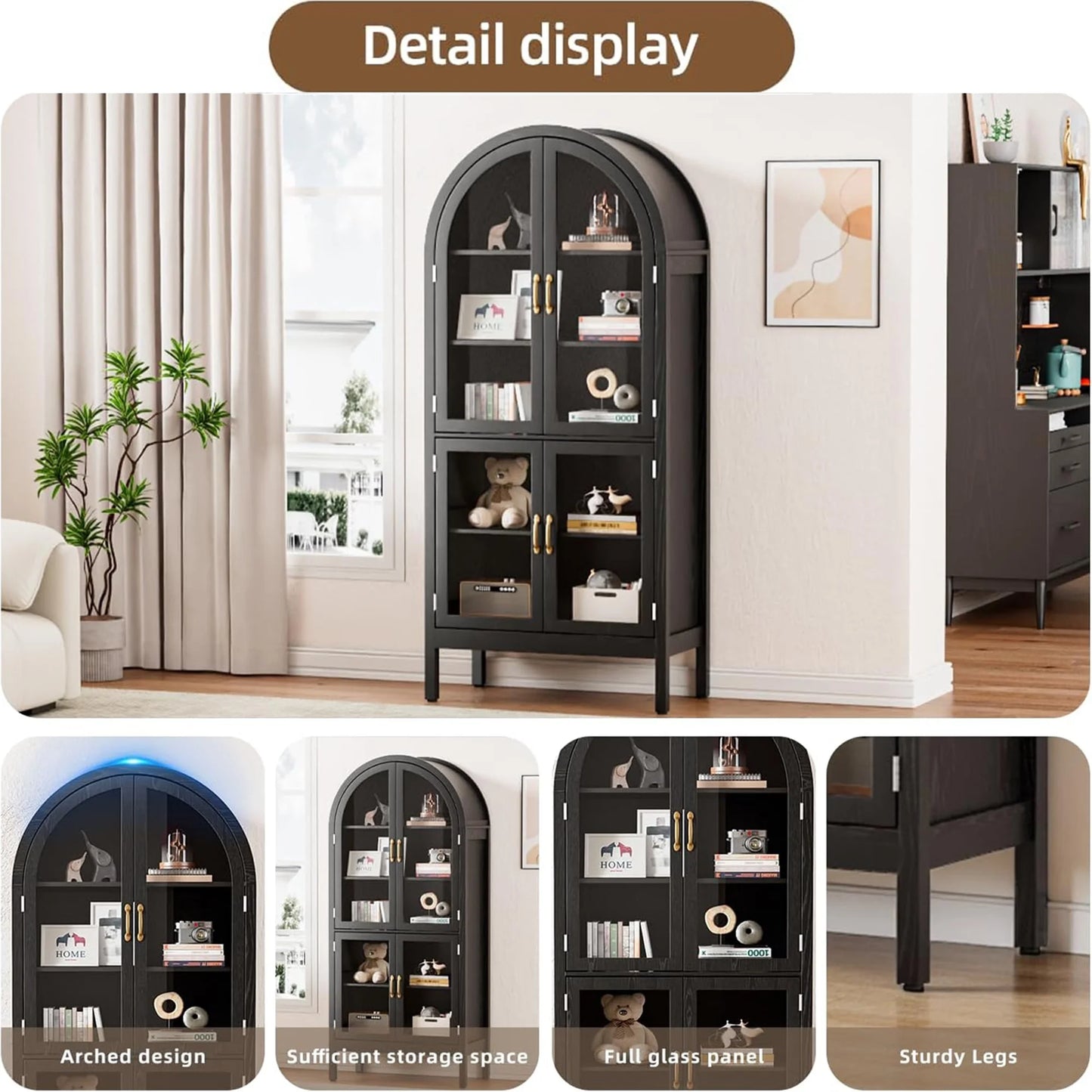 Fiogmub Tall Arched Storage Display Cabinet, Arched Pantry Cabinet with Doors, Acrylic Glass Doors