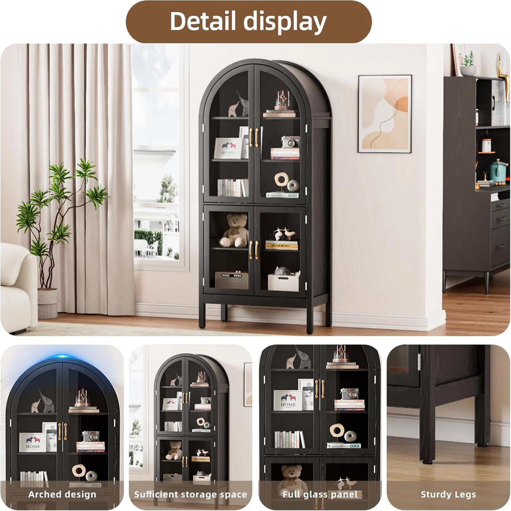 Fiogmub Tall Arched Storage Display Cabinet, Arched Pantry Cabinet with Doors, Acrylic Glass Doors