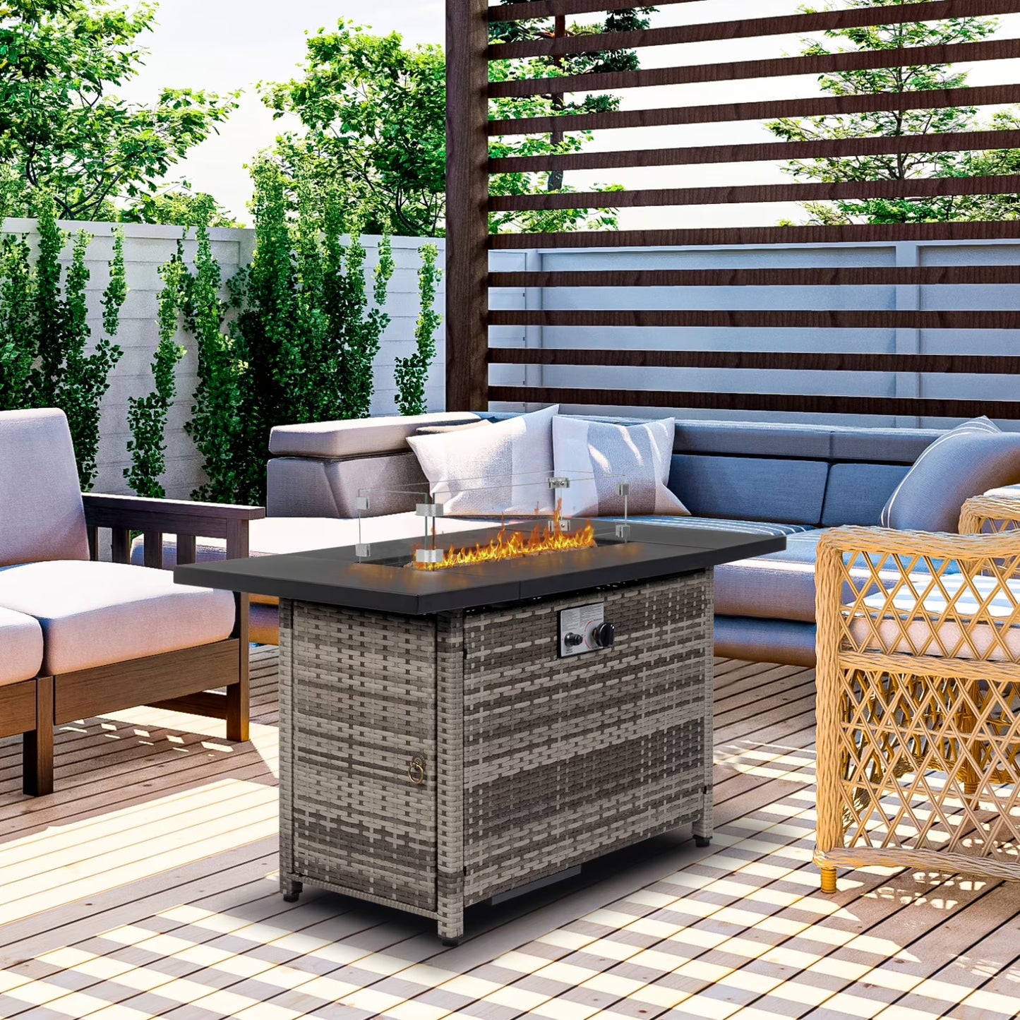 43 in Propane Fire Pit Table, 50,000 BTU Auto-Ignition Fire Pit Table, Gas Fire Pits for Outside with Glass Stone and Waterproof Cover, Grey Rattan, CSA Certification for Garden/Patio/Backyard