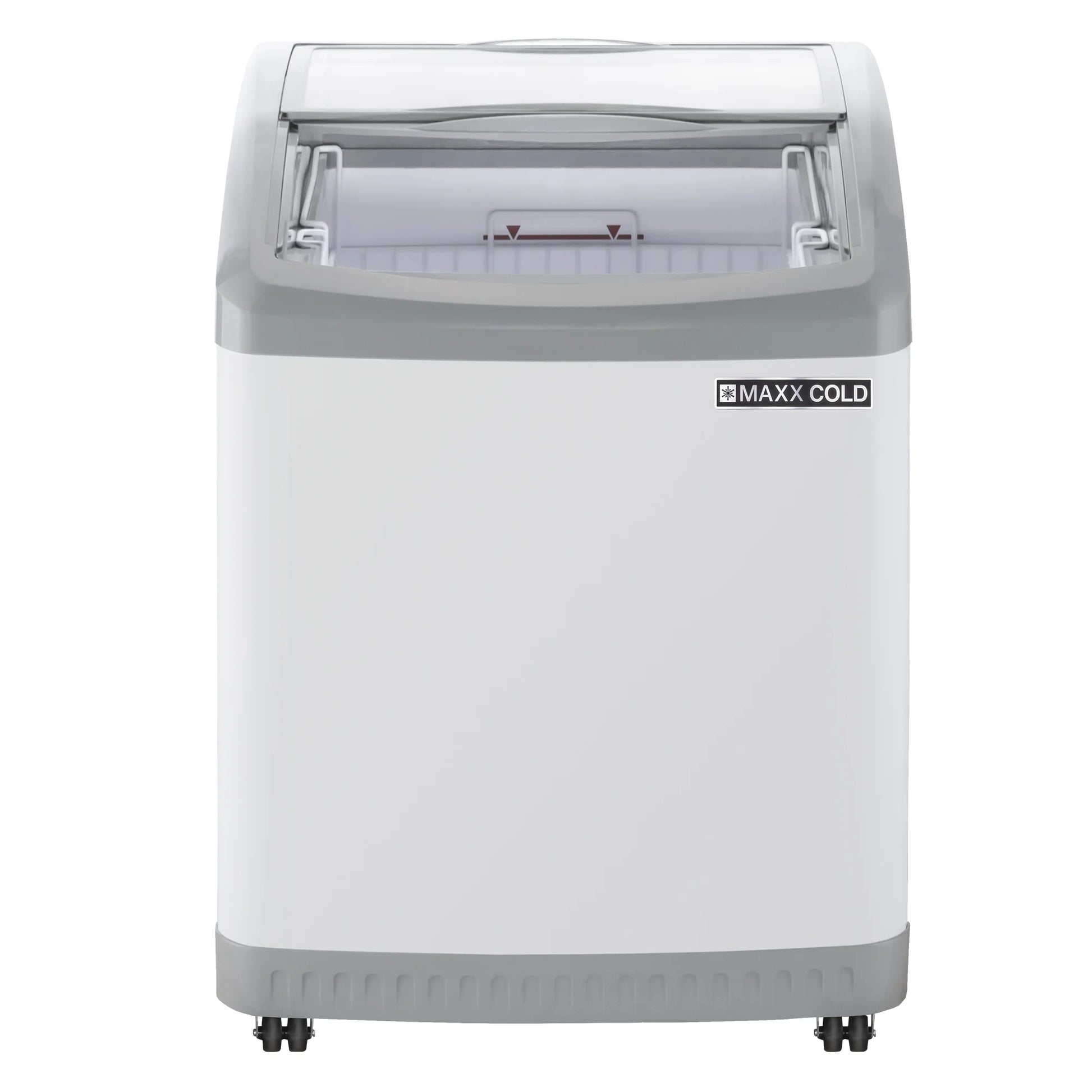 Maxx Cold Curved Glass Top Chest Freezer Display, 24.6"W, 3.81 cu. ft. Storage Capacity, Equipped with (2) Wire Baskets, in White (MXF25CHC-2)