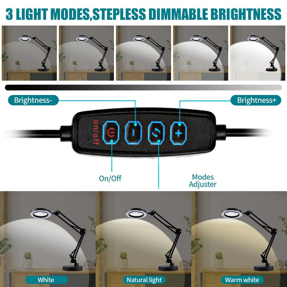 10X LED Magnifying Glass with Light, Stepless Dimmable, 3 Color Modes, Real Glass Lens Magnifying Lamp with Light Desk Lamp Clamp for Crafts, Reading, Close Work - Black