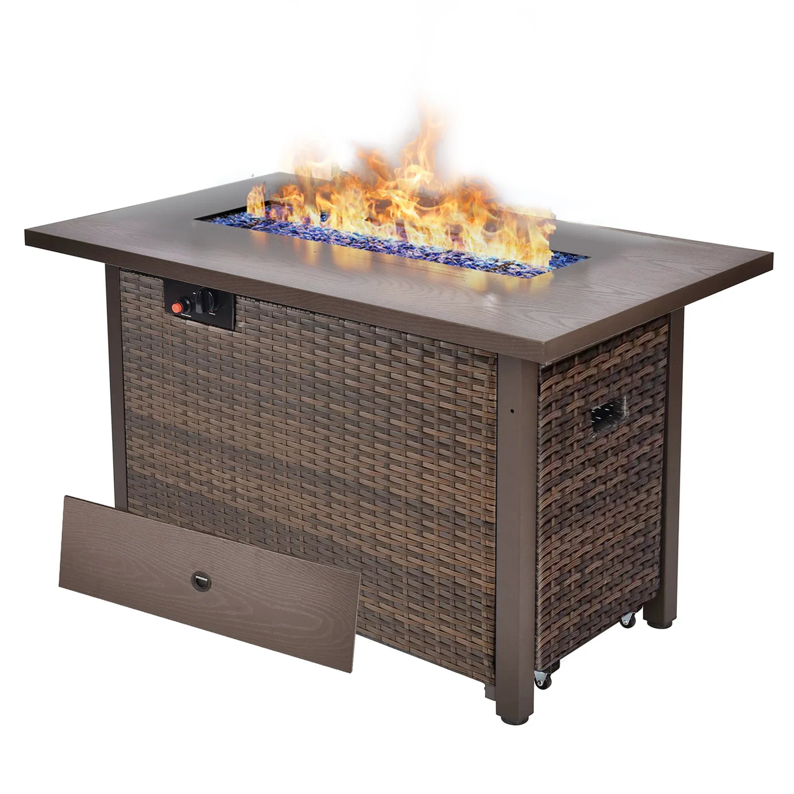 Grezone 15 Pieces Patio Furniture Set with Fire Pit Table, All Weather Outdoor Sectional PE Rattan, Patio Conversation Sets Cushions & Black-glass Coffee Table for Garden Lawn Balcony Porch Deck, Red