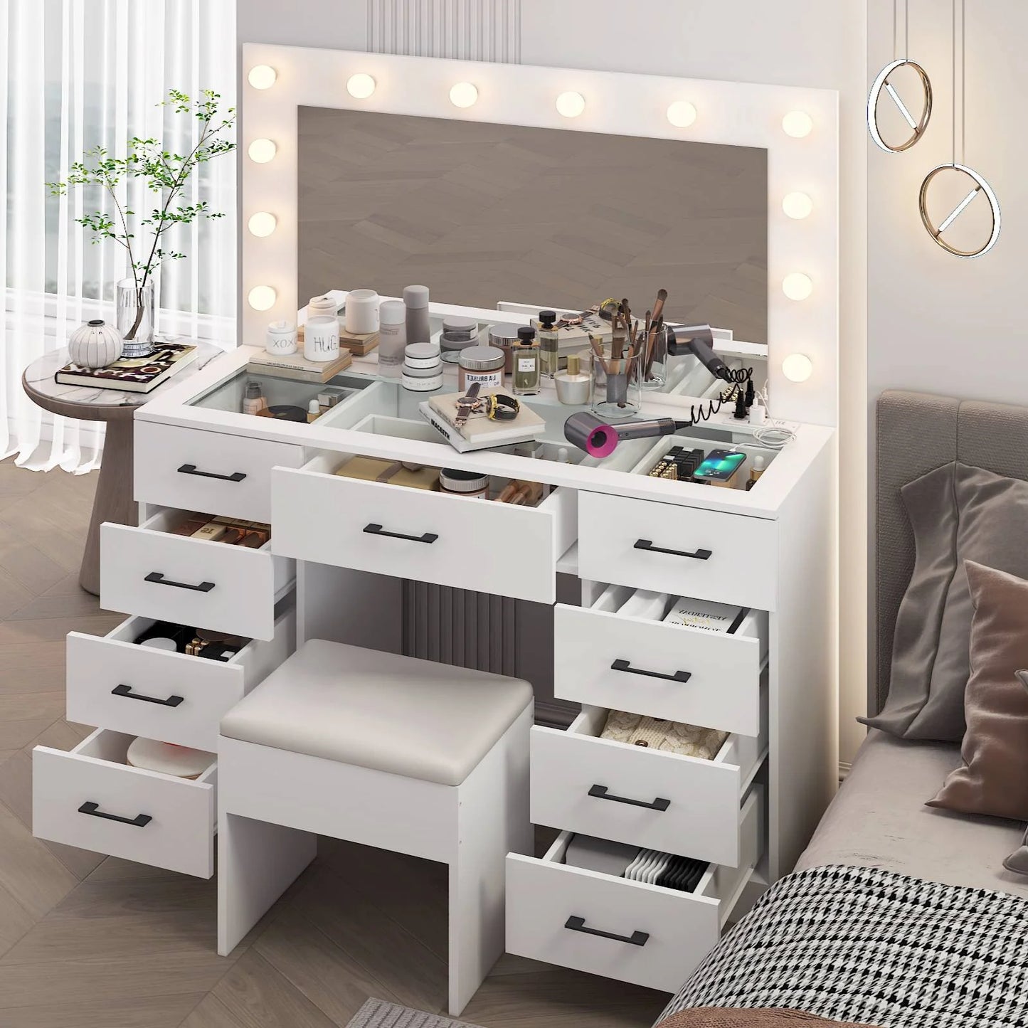 Ktaxon Large Makeup Vanity, Vanity Table Set w/Visible Glass Top w/Charging Station, White