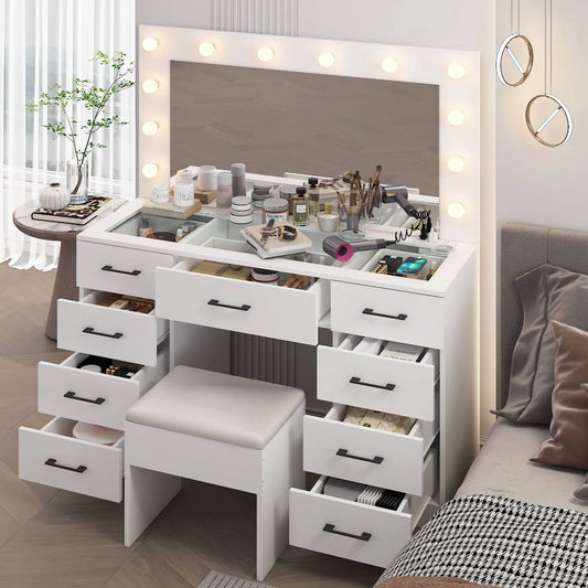Ktaxon Large Makeup Vanity, Vanity Table Set w/Visible Glass Top w/Charging Station, White