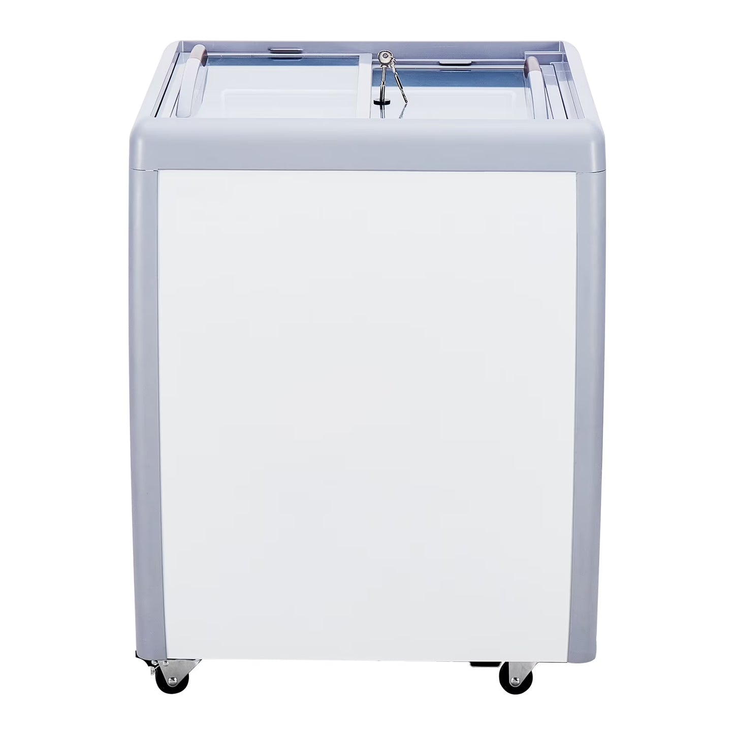 KFFKFF Ice Cream Showcase, 5.6 Cu.ft Freezer with Glass Lid, Portable Gelato Cabinet with 4 Tubs, Dual Sliding Doors & Wheels, Lock Feature, for Shops, White