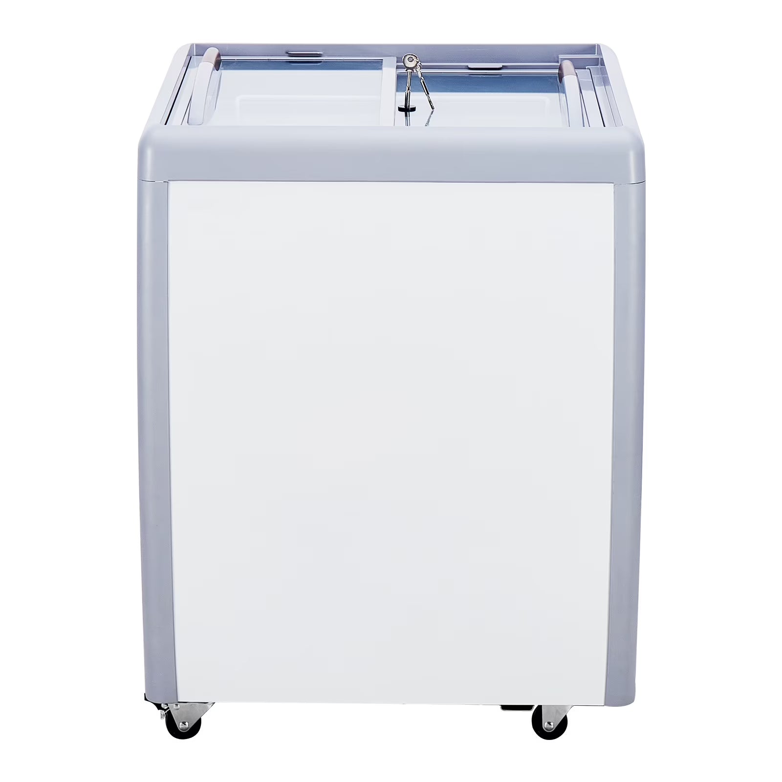 KFFKFF Ice Cream Showcase, 5.6 Cu.ft Freezer with Glass Lid, Portable Gelato Cabinet with 4 Tubs, Dual Sliding Doors & Wheels, Lock Feature, for Shops, White