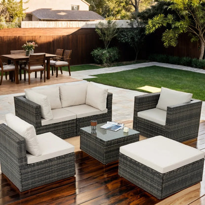 Highsound 6 Piece Patio Furniture Sets, All Weather PE Wicker Rattan Outdoor Sectional Sofa Conversation Couch with Glass Table, Cushions and Ottoman, for Lawn, Garden, Backyard, Beige