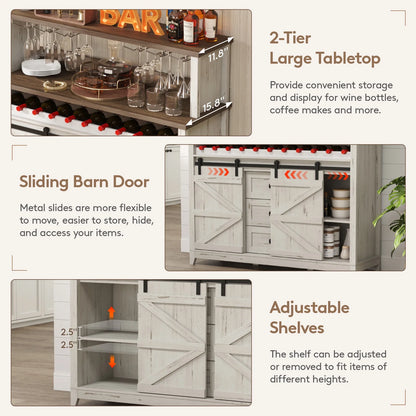 Lifewit Farmhouse Wine Bar Cabinet with Sliding Bar Door and Led Lights, Sideboard with 2 Layers Tabletops, Wine and Glass Racks, 2 Storage Cabinets with Adjustable Shelf, 3 Drawers, Rustic White