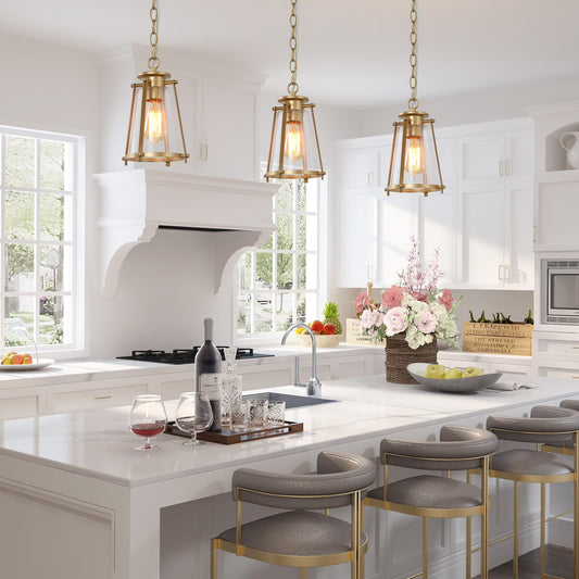 LNC Mid-Century Modern 1-Light Gold Lantern Glass Pendant Lights for Kitchen Island W 7.5"x H 11" Brushed